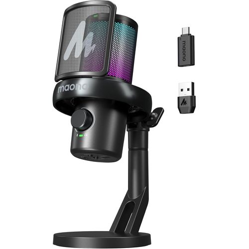 ASFASFq-Micro sans Fil pour PC, Micro Gaming avec Logiciel de Changement de Voix IA, Suppression du Bruit à 3 Niveaux, éclairage RVB Personnalisé, pour Jeux, Podcasting, Streaming, DM40 Pro Noir