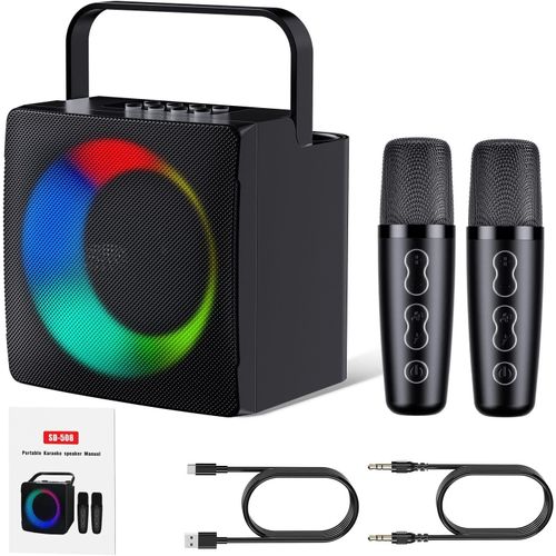 Machine De Karaoké Avec 2 Microphones Sans Fil Uhf, Usb, Connexion Auxiliaire, Effets De Changement De Voix Et Lumières Led,Capacité De La Batterie 4000 Mah, Pour La Fête, Noir