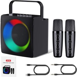 lbgwp60-Machine De Karaoké Avec 2 Microphones Sans Fil Uhf, Usb, Connexion Auxiliaire, Effets De Changement De Voix Et Lumières Led,Capacité De La Batterie 4000 Mah, Pour La Fête, Noir