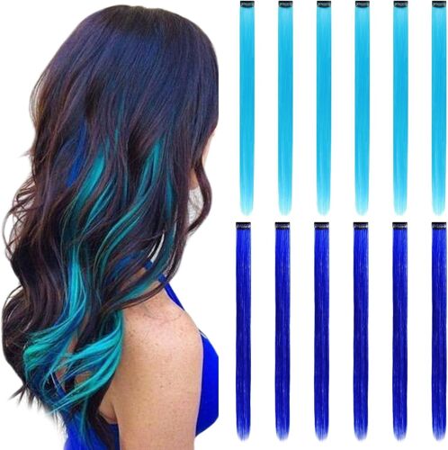 Extensions De Cheveux Colorés À Clipser, 12 Pièces, 6 Bleu + 6 Bleu Sarcelle 