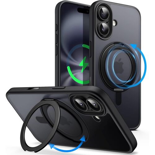 JGD-Coque Anneau Rotatif à 360 Degrés pour iPhone 16 6,1 Pouces avec Bouton de Contrôle de Caméra, Compatible avec MagSafe, Housse Étui Fine avec Support & Porte-Anneau (Noir)
