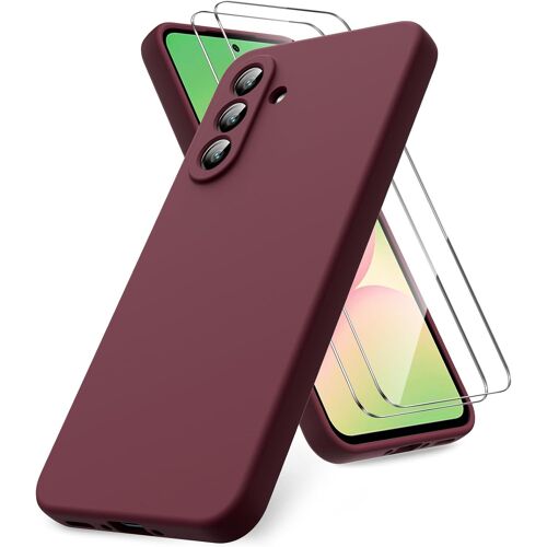 JGD-Coque Compatible avec Samsung Galaxy A56 5G, 2 Film de Protection en Verre trempé, Housse Souple en TPU en Silicone Liquide, Housse en Caoutchouc Antichoc - Bordeaux
