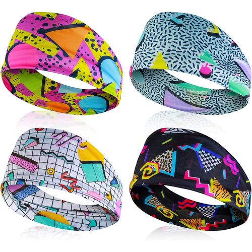 Subzonal-Lot De 4 Bandeaux À Cheveux Avec Imprimé Rétro Des Années 80 - Unisexe - Couleurs Fluo - Accessoire De Fitness - Large Bandeau De Fête