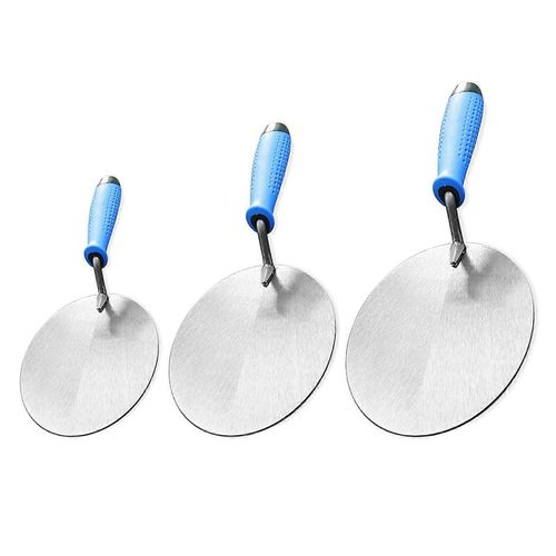 Ensemble de truelles en acier inoxydable 3 pièces, adapté aux travaux de lissage de maçonnerie efficaces, aux ouvriers du bâtiment professionnels.