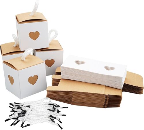Mevronisshop-30 Pièces Petite Boite Cadeau Blanche Et Marron Avec Coeurs, 5.5x5.5x5.5 Cm Mini Coeur Kraft Emballage Cadeau, Mini Coeur Boite Kraft Boite, Pour Mariages, Anniversaire, Fête