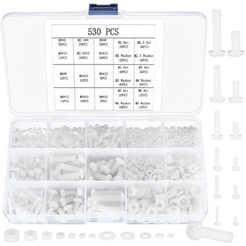 Lot de 530 Vis, Écrous et Rondelles en Nylon - Tête Plate Cruciforme Ronde et Hexagonale - Métriques M2/M2.5/M3/M4/M5/M6