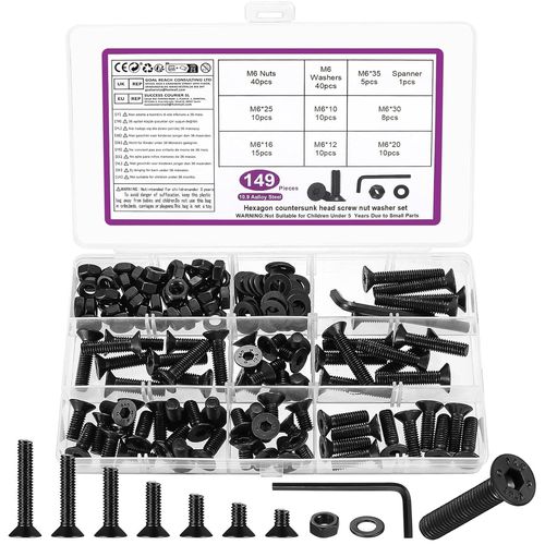 ASFASFq-149 Pcs Vis M6, Vis Boulons et écrous Set, Vis à Tête Fraisée à Tête Hexagonale et écrous avec Rondelles Kit, Boulons Vis à Tête Plate à Six Pans Creux, Noir, avec Clés Hexagonales