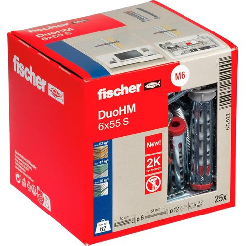MEVRONISSHOP-Cheville Bi-Matière DuoHM 6 x 55 pour Corps Creux, avec Vis à Tête Cylindrique, Empreinte PZ, Boite de 25