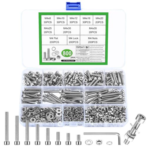 ASFASFq-800 Pièces Set de Vis M4, Boulons Vis et écrous, Vis Boulons et écrous, Vis à Tête Cylindrique à Six Pans Creux en Acier Inoxydable, Vis Boulon et écrous et Rondelles Kit pour Réparation Bric