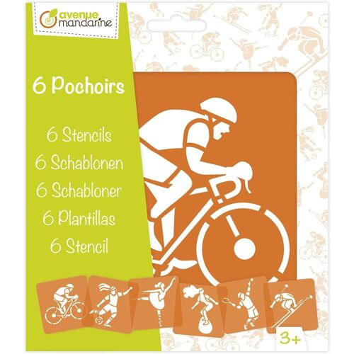 Avenue Mandarine Pochette De 6 Pochoirs Enfants 15x15cm Tennis Football Cyclisme Surf Danse Ski
