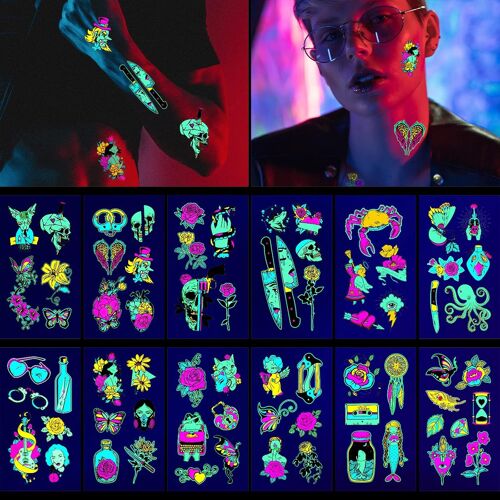Glow In The Dark Tatouages Temporaires, Étanche Lumineux Couleur Tatouage Autocollant Transfert Papier Fluorescence Adhésif Tatouages ¿¿Néon Faux Tattoos Temporary Pour Femmes Hommes Bar Party 