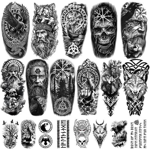 Kalanka-77 Feuilles De Tatouages \U200b\U200btemporaires, Faux Tatouages \U200b\U200bnoirs Tribal Nordique Loup Tigre Lion Aigle Squelette Crâne Pour Adultes Hommes Femmes Garçons Filles Corps Autoco
