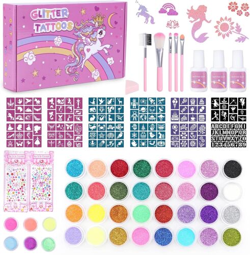 Kit Tatouage Paillettes,38 Couleurs Tatouage Éphémère Lumineux Licorne Enfant Avec 150 Pochoirs,5 Pinceaux,3 Colles,2 Feuilles Autocollants Strass,1 Lingette Éponge,Cadeau Fille 