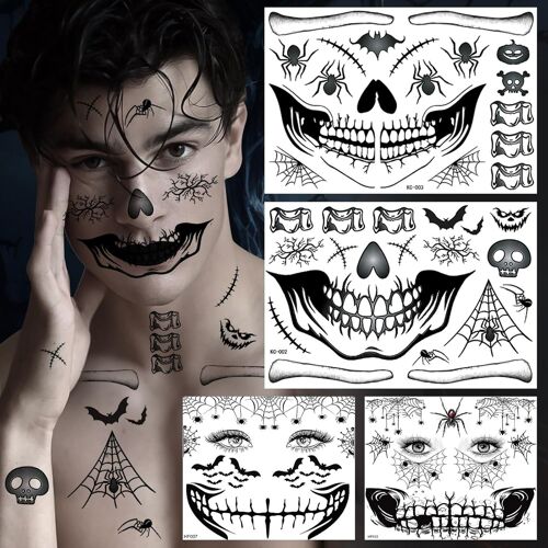Tatouage Visage Halloween,Tatouage Visage Halloween Autocollant Squelette Zombie Clown Diable,Bouche Sorcières Tatouage Temporaire Visage Pour Maquillage Jour Des Morts Costume De Maquillage Femme 