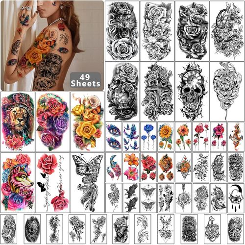 Kalanka-49 Feuilles Grandes Fleurs Crâne Tatouages Temporaires Imperméables Pour Femmes Et Filles, Faux Tatouage Temporaire Tigre Loup Oiseau Réaliste Pour Enfants Ou Adultes 49sheets Multi Wolf