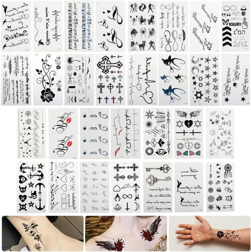 (30 Feuilles) Tatouages Temporaires Pour Femme Homme Enfants,Imperméables Faux Tatouages Body Art Autocollants De Tatouage Noir Bras Poignet Tatouages Tattoo 