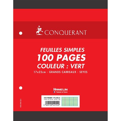Conquérant Feuilles Simples 17x22cm Grands Carreaux 100 Pages Vertes