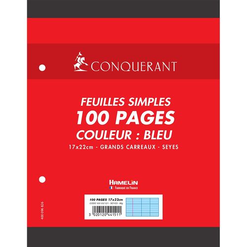 Conquérant Feuilles Simples 17x22cm Seyès 100 Pages 80g Grands Carreaux Sous Film Bleues