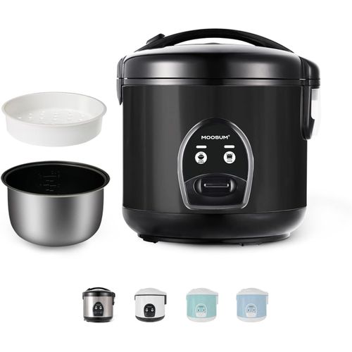 MOOSUM Cuiseur riz (rice cooker) & cuiseur à vapeur Noir avec fonction de maintien au chaud - 0,8 l pour 2-5 personnes - Revêtement céramique avec insert pour cuiseur à vapeur, Argenté