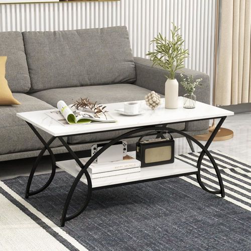 Table Basse À 2 Niveaux Moderne Réglable Métal Blanc 50x100x45cm