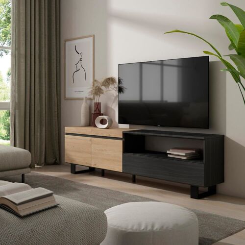 Meuble tv effet bois de chêne et noir 200x35x57cm avec pieds