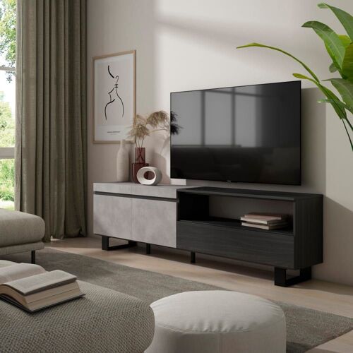 Meuble tv effet bois ciment 200x35x57cm avec pieds