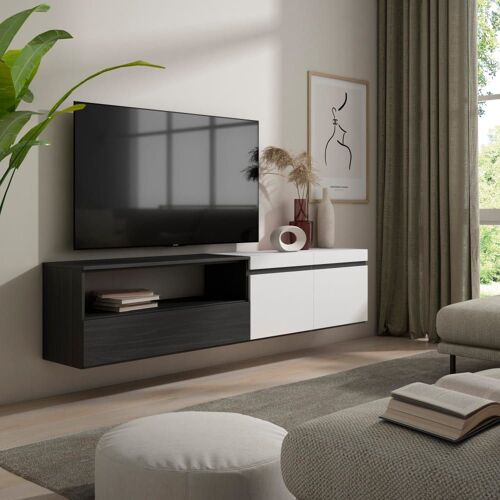 Meuble tv effet bois blanc et noir 200x35x45cm suspendu