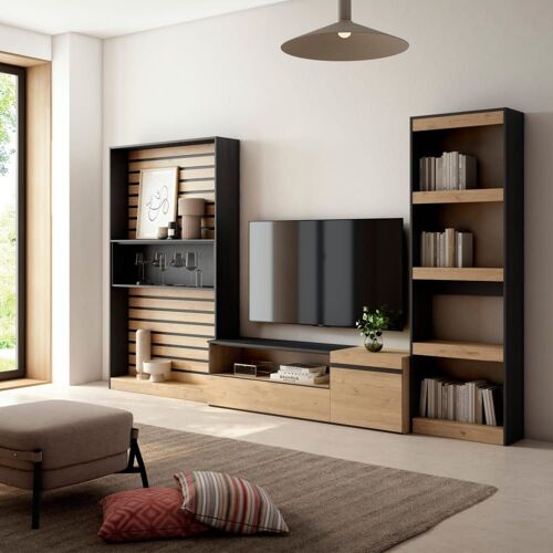 Ensemble Meuble TV effet bois de chêne et noir 320x35x186cm