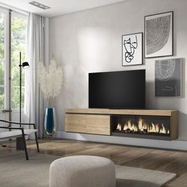 Meuble Tv Effet Bois De Chêne 208x35x45cm Cheminée Effet Feu Xxl