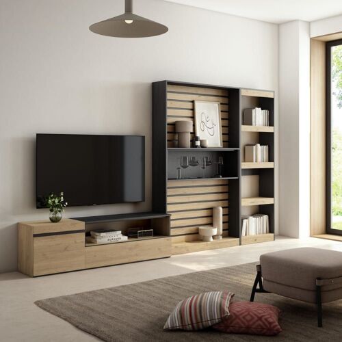 Ensemble Meuble TV effet bois de chêne et noir 320x35x186cm