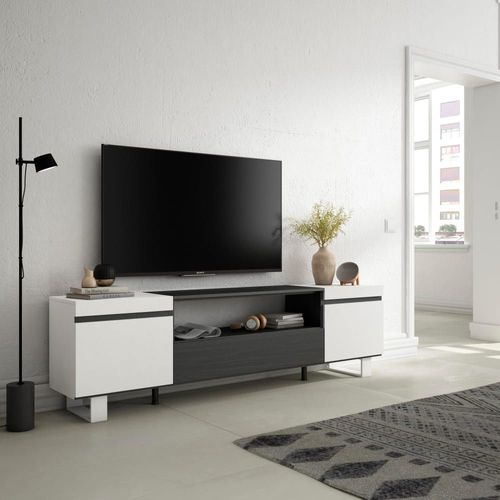 Meuble Tv Effet Bois Blanc Et Noir 200x35x57cm Avec Pieds