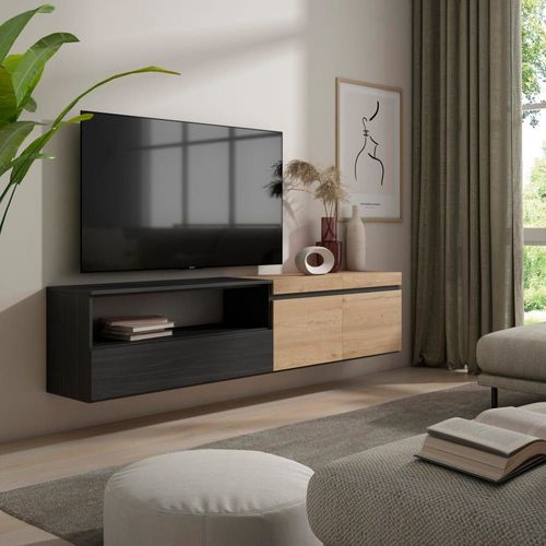 Meuble Tv Effet Bois De Chêne Et Noir 200x35x45cm Suspendu