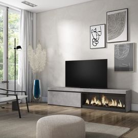 Meuble Tv Effet Bois Ciment 208x35x45cm Cheminée Effet Feu Xxl