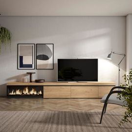 Meuble Tv Effet Bois De Chêne 317x35x45cm Cheminée Effet Feu Xxl