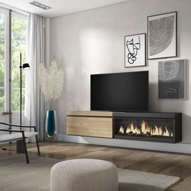 Meuble Tv Effet Bois De Chêne Noir 208x35x45cm Cheminée Effet Feu Xxl