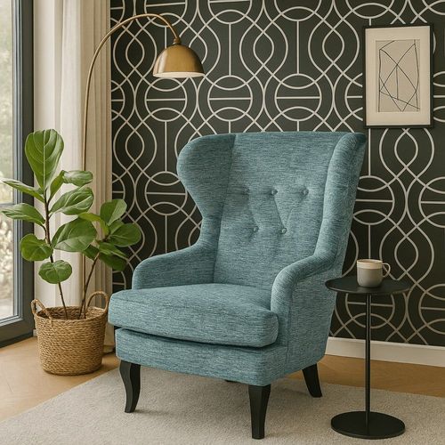 Fauteuil À Oreilles Capitonné En Polyester Mélangé Bleu
