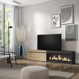 Meuble Tv Effet Bois De Chêne Noir 208x35x45cm Cheminée Effet Feu Xxl