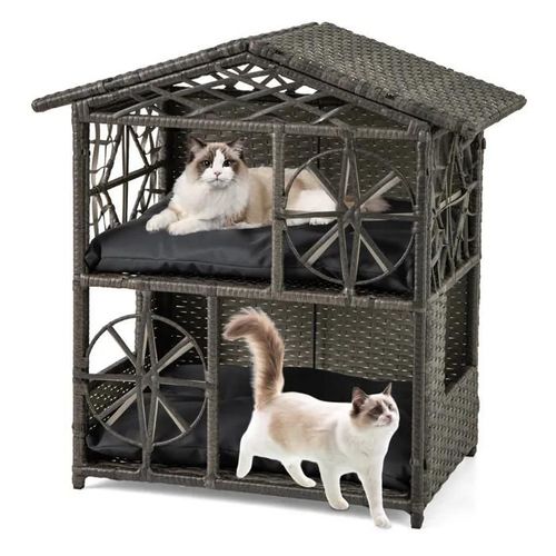 Maison Pour Chat En Rotin À 2 Niveaux Costway, Coussins Amovibles, Toit Fenêtres Portes, Abri Pour Animaux De Compagnie Intér Extér