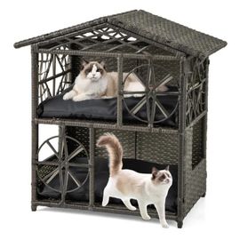 Maison Pour Chat En Rotin À 2 Niveaux Costway, Coussins Amovibles, Toit Fenêtres Portes, Abri Pour Animaux De Compagnie Intér Extér