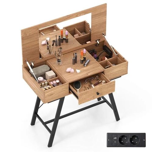 2 En 1 Coiffeuse Avec Miroir Costway, Station De Charge, Table De Maquillage À Dessus Rabattable, Tiroir, 6 Compartiments, Naturel