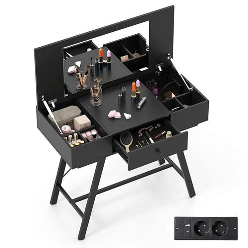2 En 1 Coiffeuse Avec Miroir Costway, Station De Charge, Table De Maquillage À Dessus Rabattable, Tiroir, 6 Compartiments, Noir