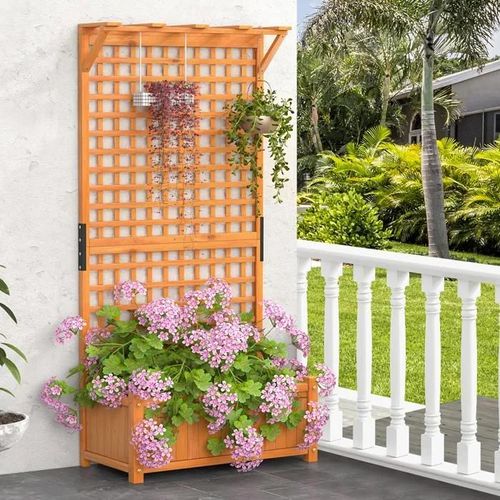 Jardinière Surélevée Avec Treillis En Sapin Costway, Trou De Drainage, Bac À Fleurs Pour Plante Grimpante Vigne, 75 X 33 X 182,5 Cm