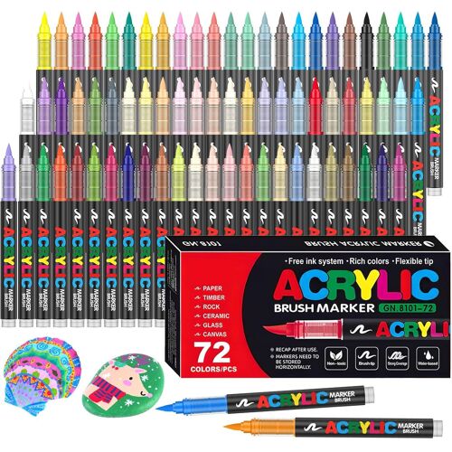 Mevronisshop-72 Couleurs Feutre Acrylique, Marqueur Peinture Acrylique À Pinceau À Base D'eau, Acrylic Paint Marker Pour Roche, Toile, Bois, Pierre, Céramique, Verre, Tissu
