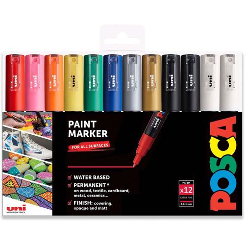 Uni Pc-1m Ensemble De 12 Marqueurs Professionnels Pour Peinture Avec Marqueurs Noir + Blanc Supplémentaires