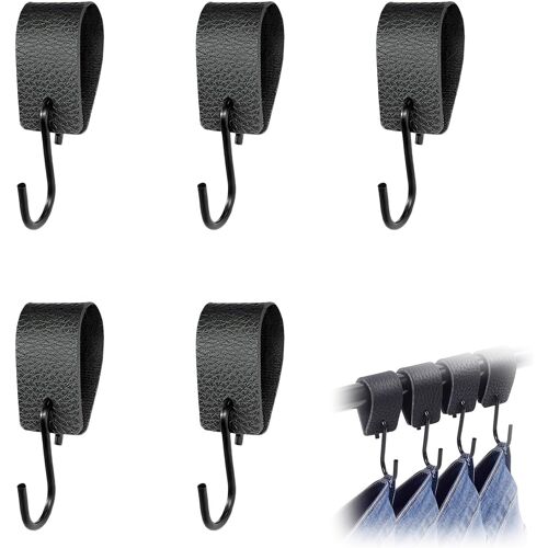 KALANKA-Crochets S Noir Avec Boucle en Cuir, 5 en Métal Crochets Porte Manteaux Multi Usages Avec Dragonne en Cuir, Serviettes, Chapeaux - Idéal pour la Maison, le Bureau et le Camping