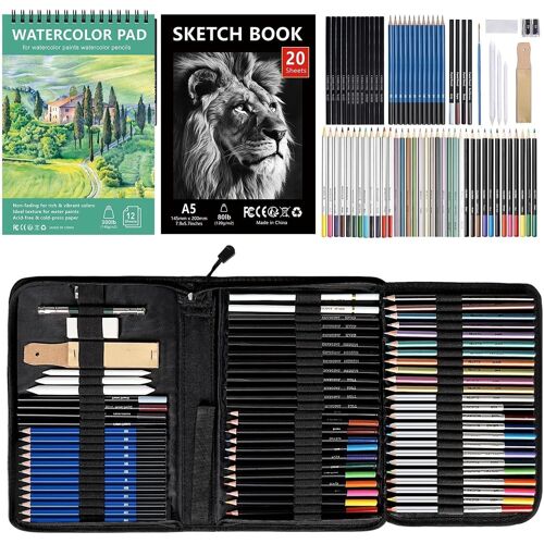 Jexnovashop-Ensemble De Matériel De Dessin Et De Croquis 76 - Crayons De Dessin Professionnels - Fournitures Avec Carnet De Croquis Et Papier Aquarelle, Malette Dessin Pour Artiste Débutant Adulte