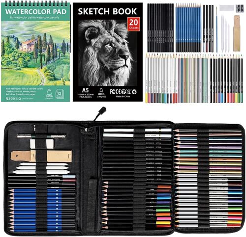 Jexnovashop-Ensemble De Matériel De Dessin Et De Croquis 76 - Crayons De Dessin Professionnels - Fournitures Avec Carnet De Croquis Et Papier Aquarelle, Malette Dessin Pour Artiste Débutant Adulte