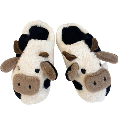 (Eu40-41-Adulte-Homme) Chaussons En Peluche Vache, Chaussures En Coton Mignonnes, Chaudes Et Confortables, En Forme D'animal, Pantoufles À Étrier