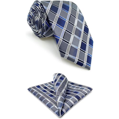 Meimie-Costume D'affaires Homme Cravate Gris Bleu À Carreaux Soie Extra Long