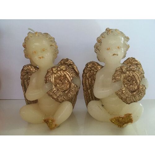 2 grosses bougies de noel motif ange ecru et dore